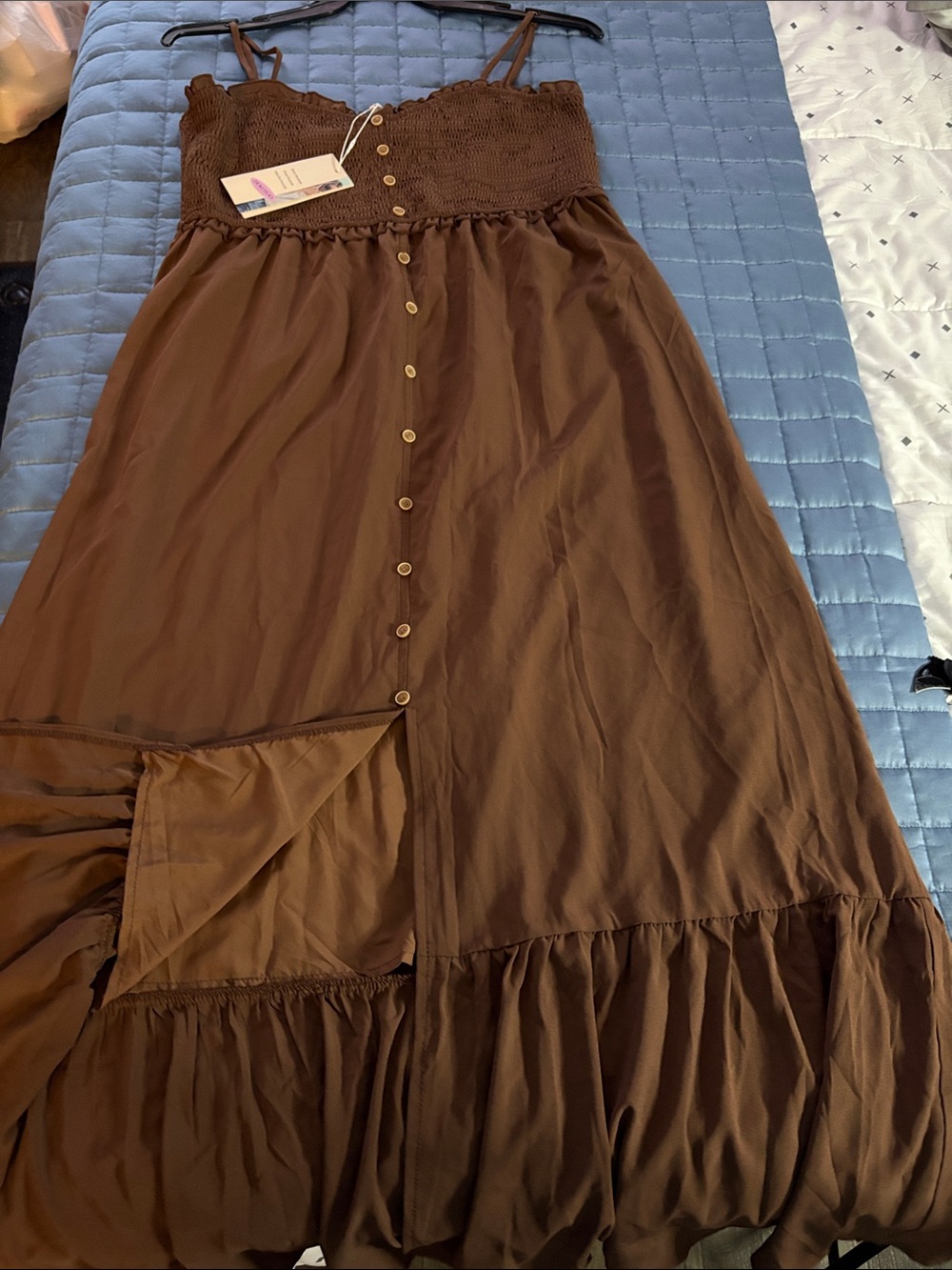 Smocked Bodice Brown Maxi Dress with Front Buttons
